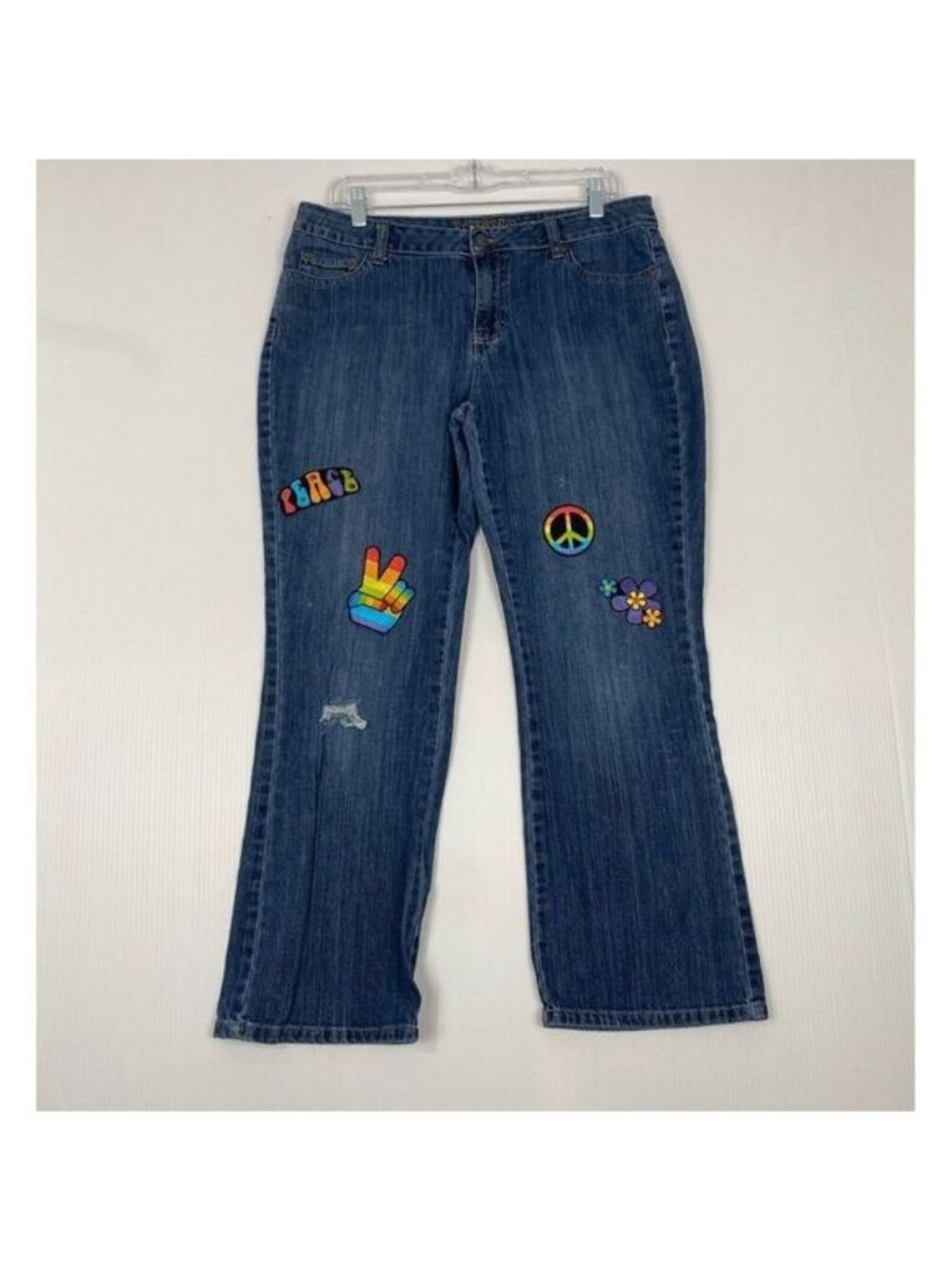 ST JOHNS BAY Jeans Blue Denim‎ Flare Bottom Womens  Size 16P Hip Hop patch Y2K